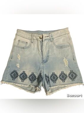 Crazy Train Denim Cutoff Shorts Tribal Print Distressed 8/29